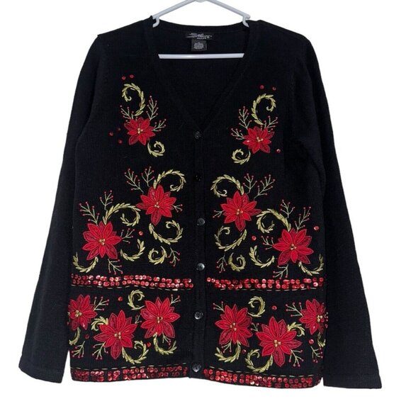 SML Design Womens Beaded Cardigan Sweater Sz M Ramie Cotton Blend Holiday - Picture 1 of 6